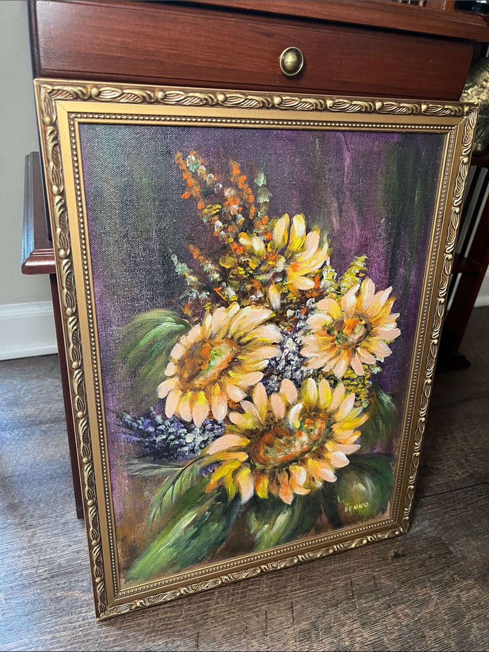 VTG Handpainted Sunflower Botanical Oil Painting on Canvas Signed Gold Framed